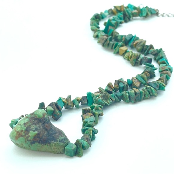 Natural Green Turquoise Pendant Necklace | Irregular Rustic Gravel Uncut Stones - Picture 1 of 9